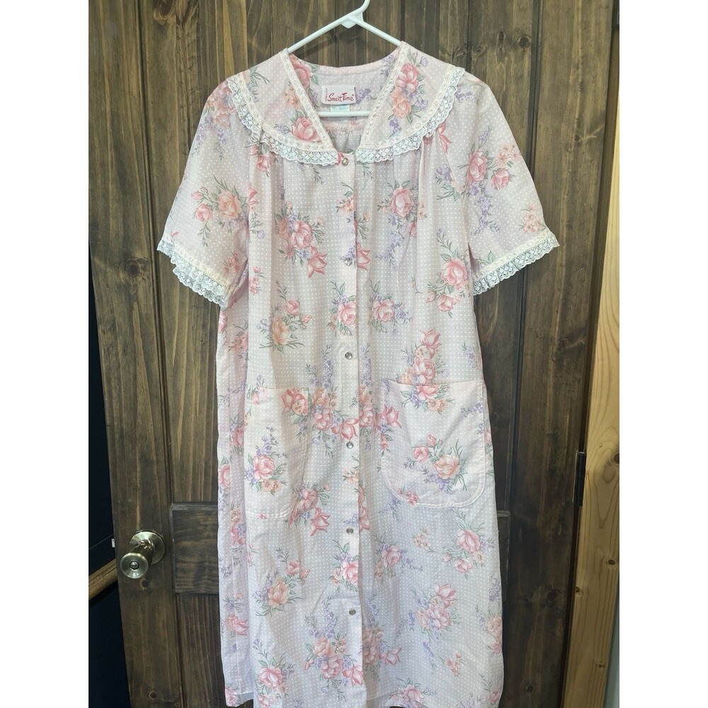 Vintage Smart Time House Dress Robe Pink Roses Polka Dots Women’s Med Lace Mumu